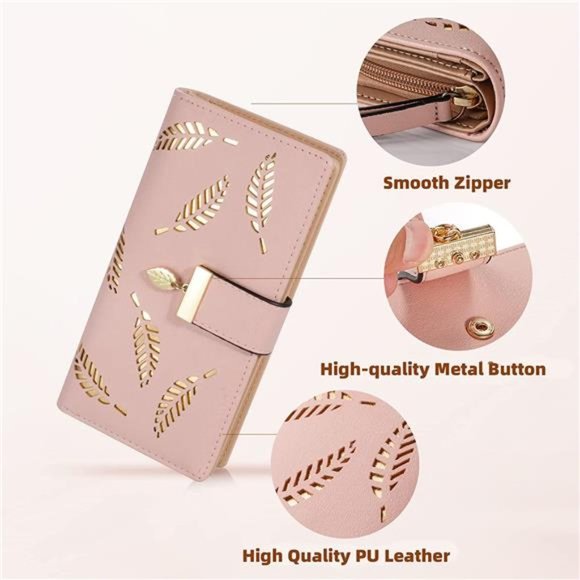 Women's Long Leaf Bifold Wallet Leather Card Holder Purse Zipper Buckle Clutch - Picture 3 of 6
